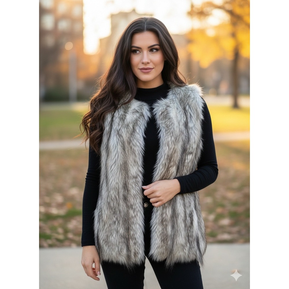 Du Monde Faux Fur Vest Womens Size M Silver Gray Leopard Lined Open Front